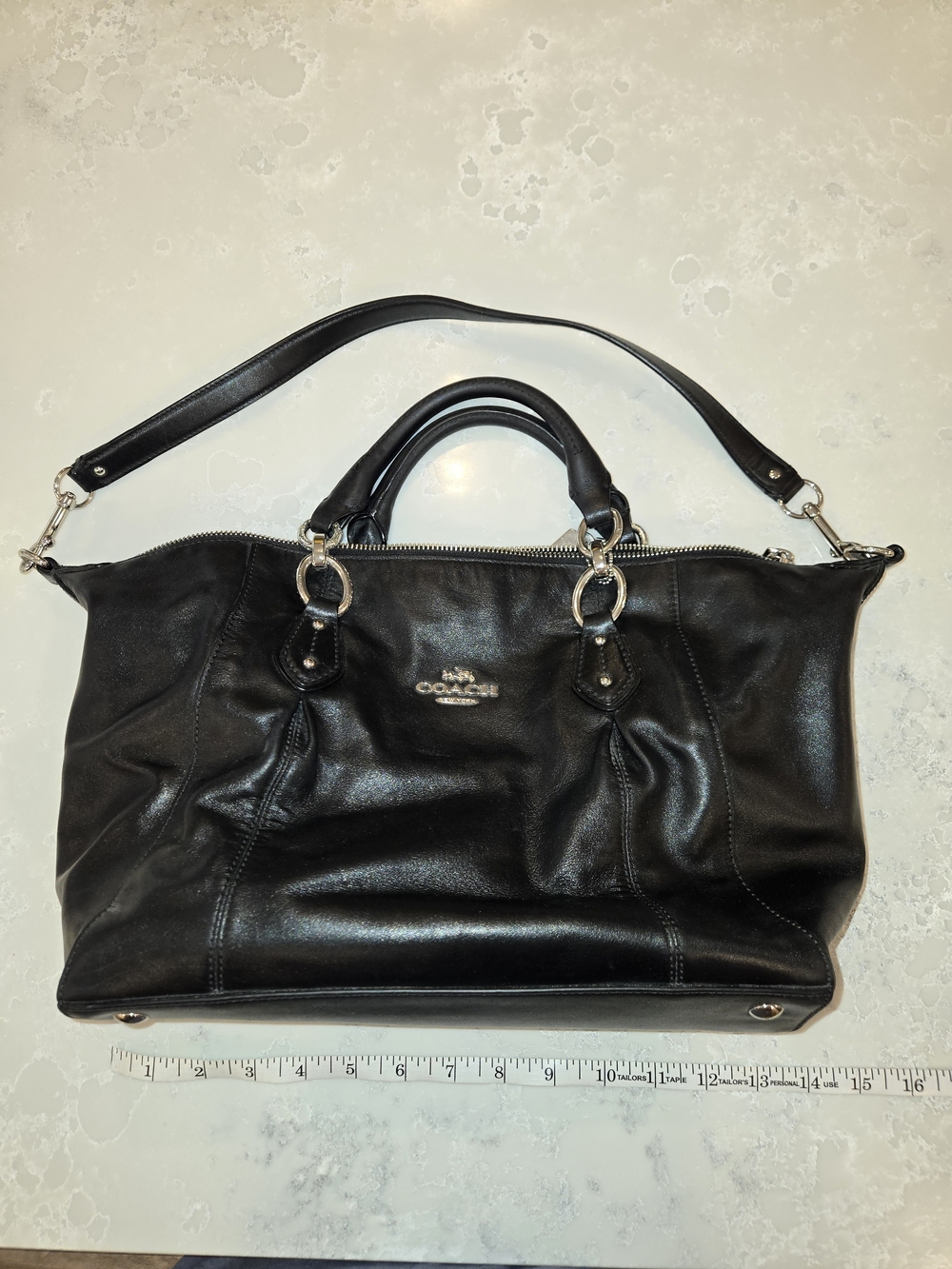 Coach Black Leather Satchel with Double Handles and Removable Strap